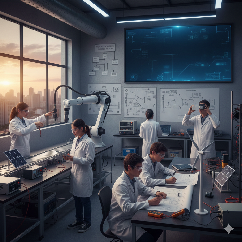 n laboratorio de mecatrónica moderno donde jóvenes estudiantes trabajan de forma colaborativa. Se observa un brazo robótico industrial operando sobre una banda transportadora, mientras alumnos analizan planos técnicos, utilizan paneles solares a escala y experimentan con realidad virtual. Al fondo, una gran pantalla muestra esquemas digitales complejos, y un gran ventanal revela una ciudad al atardecer, simbolizando la conexión entre la tecnología, la innovación sostenible y el futuro.